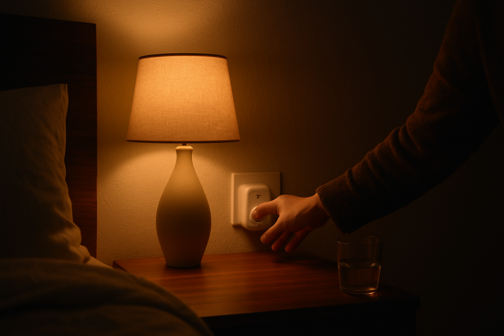 smart plug on nightstand glowing with lamp in dim bedroom