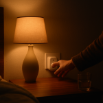 smart plug on nightstand glowing with lamp in dim bedroom