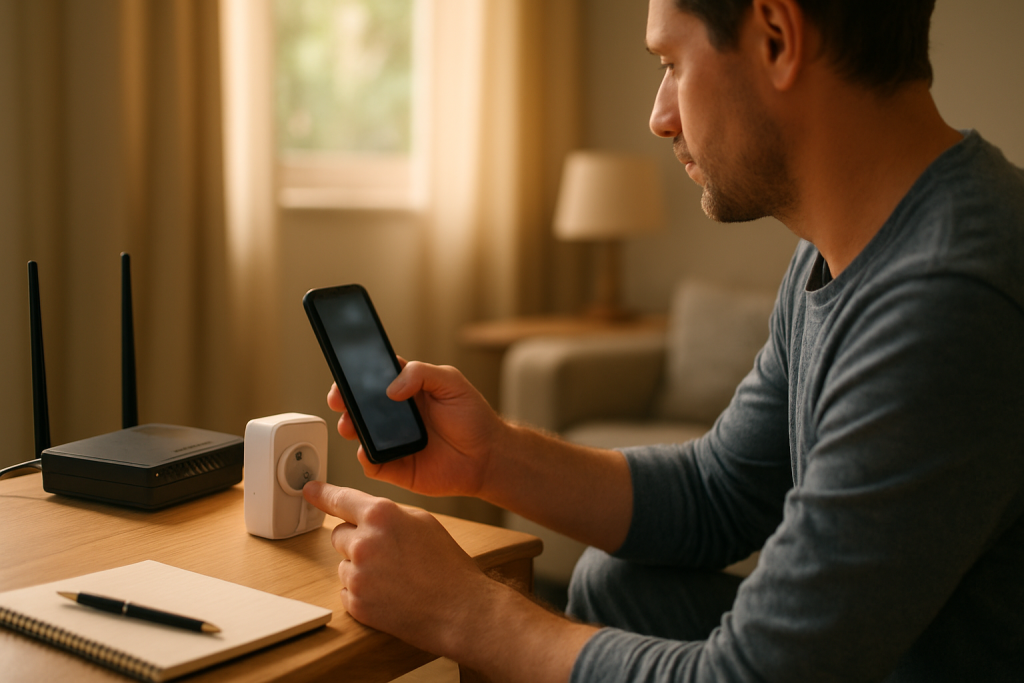 person checking smart plug near router with phone and notebook