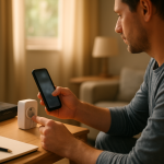 person checking smart plug near router with phone and notebook