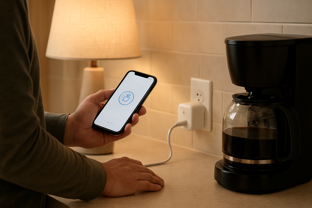 person checking a smart plug schedule on a phone near a plugged device