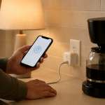 person checking a smart plug schedule on a phone near a plugged device