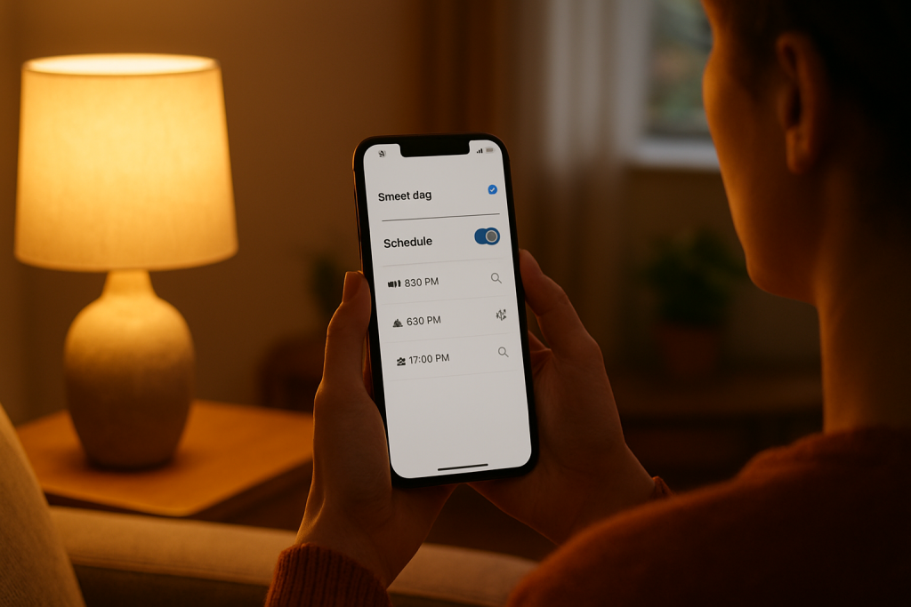 person checking smart plug settings on phone next to lamp