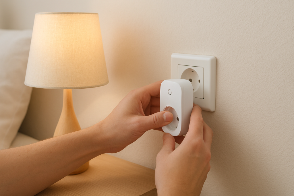 hands adjusting a smart plug timer near a lamp in a living room