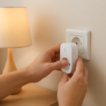 hands adjusting a smart plug timer near a lamp in a living room