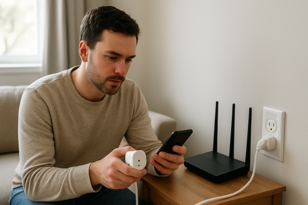 person checking smart plug setup in home near router and outlet