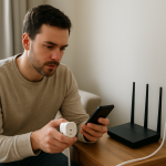 person checking smart plug setup in home near router and outlet