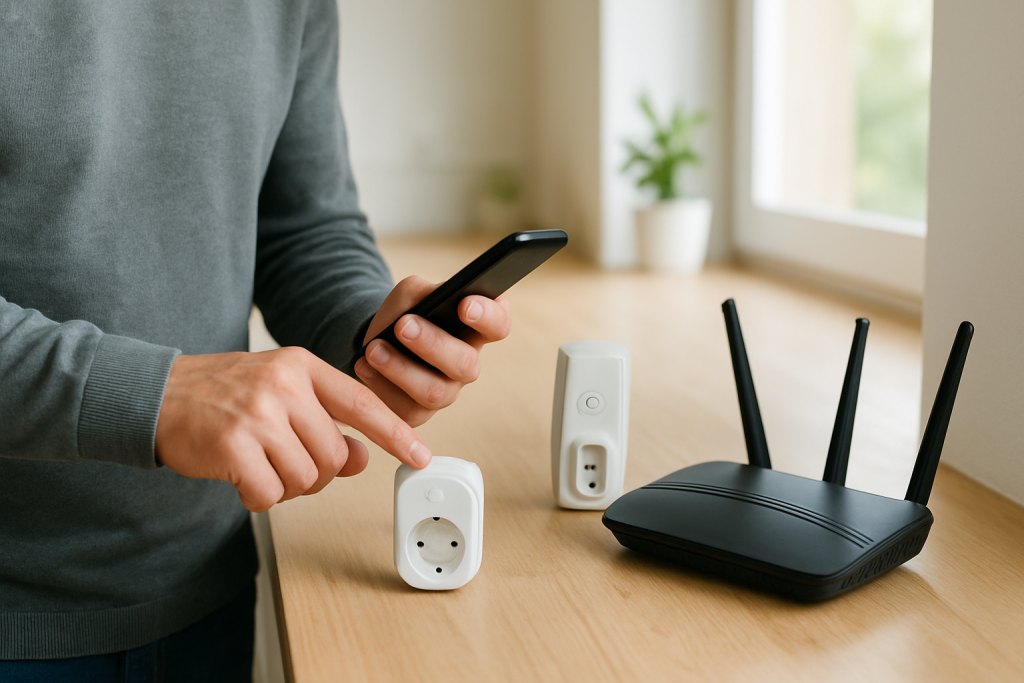 person checking a smart plug near a router with a smartphone in hand