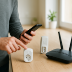 person checking a smart plug near a router with a smartphone in hand