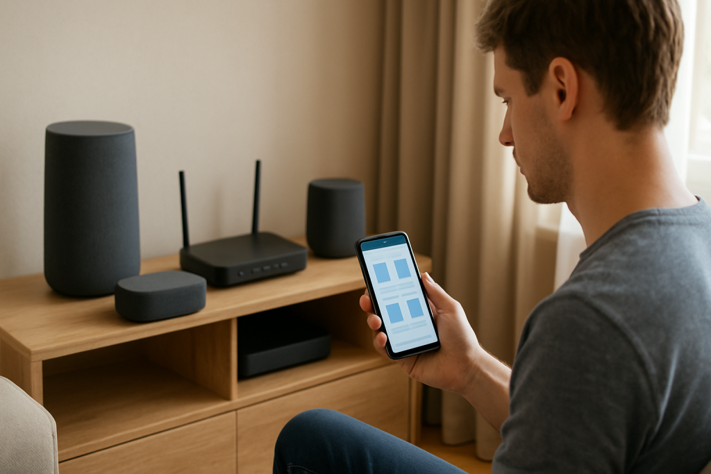 living room speakers and router with homeowner troubleshooting network