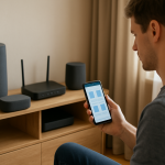 living room speakers and router with homeowner troubleshooting network