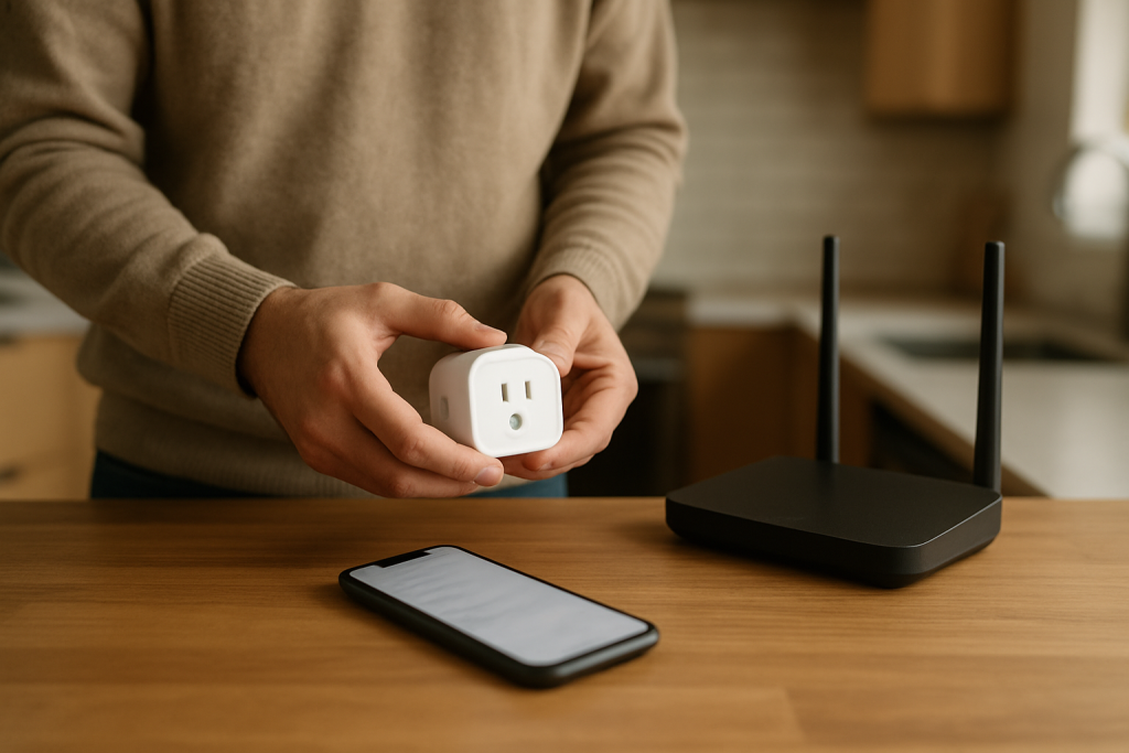 person troubleshooting a smart plug near a router and smartphone