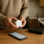 person troubleshooting a smart plug near a router and smartphone
