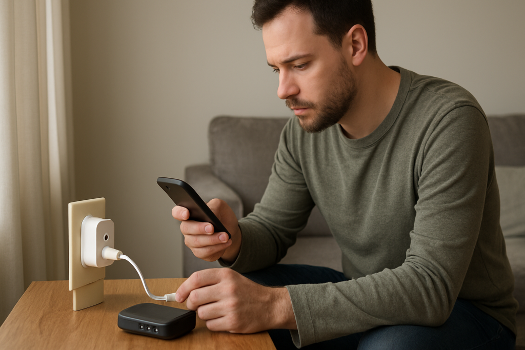person checking smart plug and router with troubleshooting tools nearby