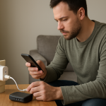 person checking smart plug and router with troubleshooting tools nearby