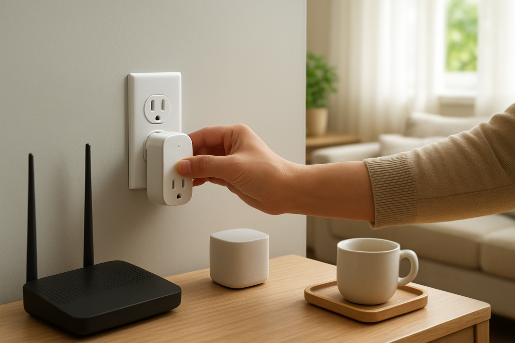 person troubleshooting a smart plug near a router and power outlet