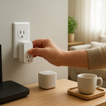 person troubleshooting a smart plug near a router and power outlet