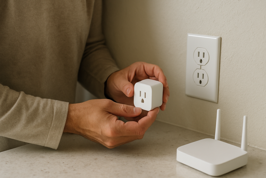 person troubleshooting a small smart plug near a power outlet