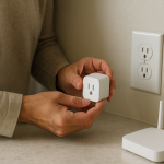 person troubleshooting a small smart plug near a power outlet