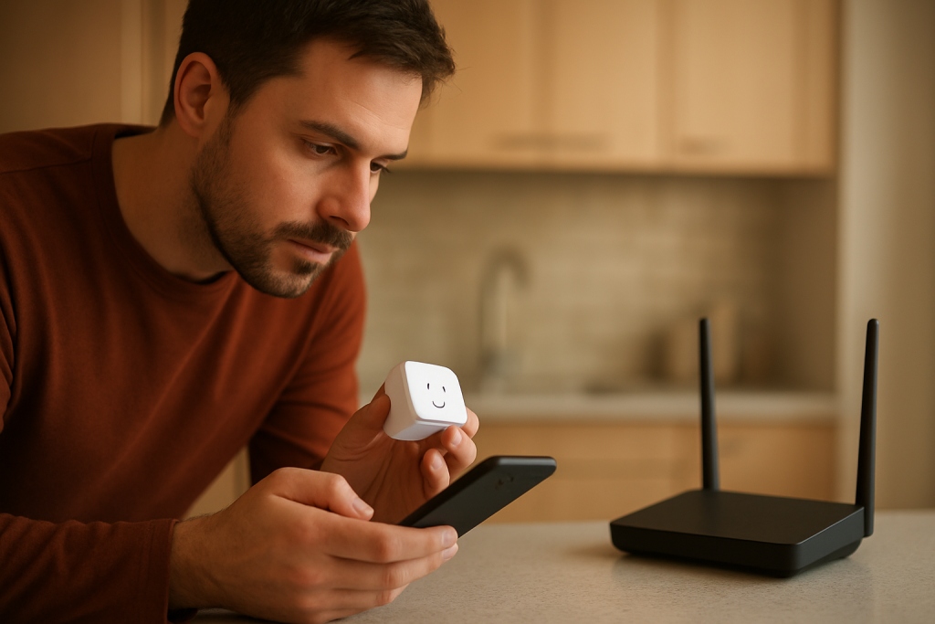 person troubleshooting a smart plug near a router and power outlet