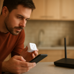 person troubleshooting a smart plug near a router and power outlet