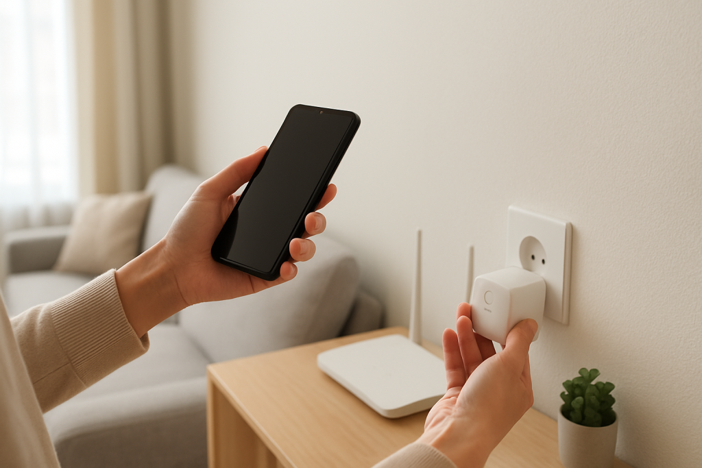 person checking smart plug connection near router and smartphone