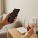 person checking smart plug connection near router and smartphone