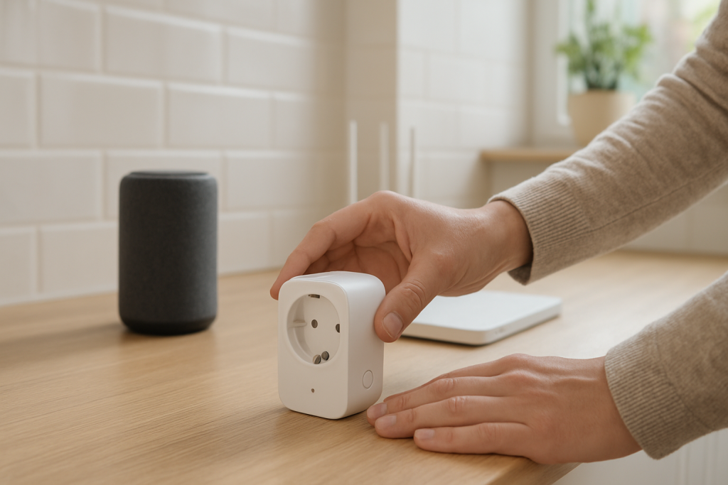 person troubleshooting smart plug with smart speaker and router nearby