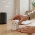 person troubleshooting smart plug with smart speaker and router nearby