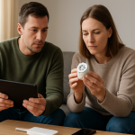 Two people troubleshooting a smart plug with tablet and router nearby