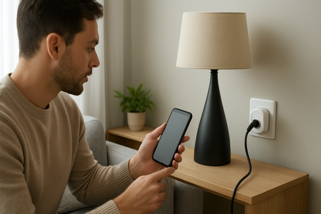 person checking smart plug settings on phone near smart plug and lamp