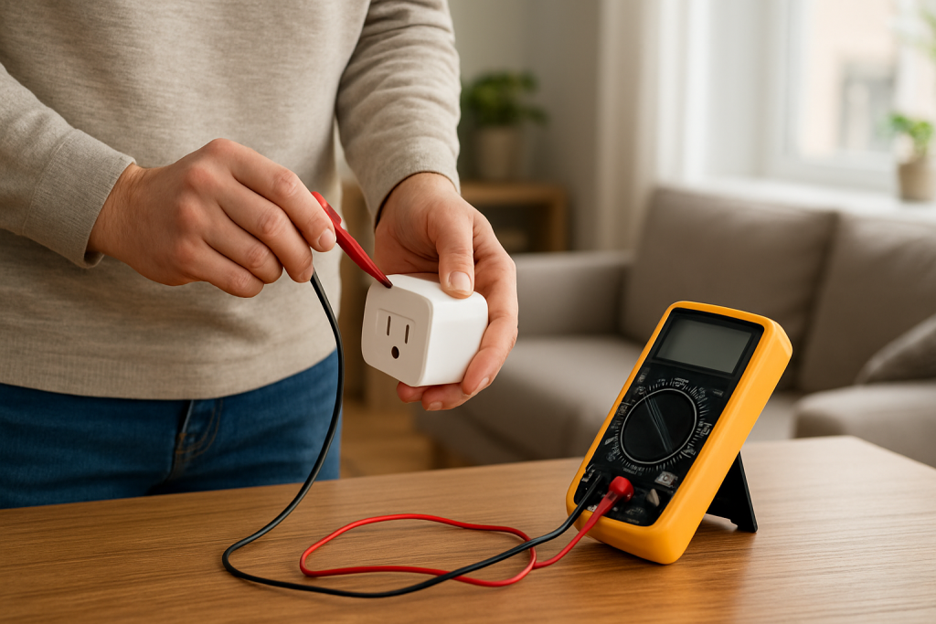 Close up of a smart plug and hands checking electrical outlet connections