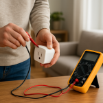 Close up of a smart plug and hands checking electrical outlet connections