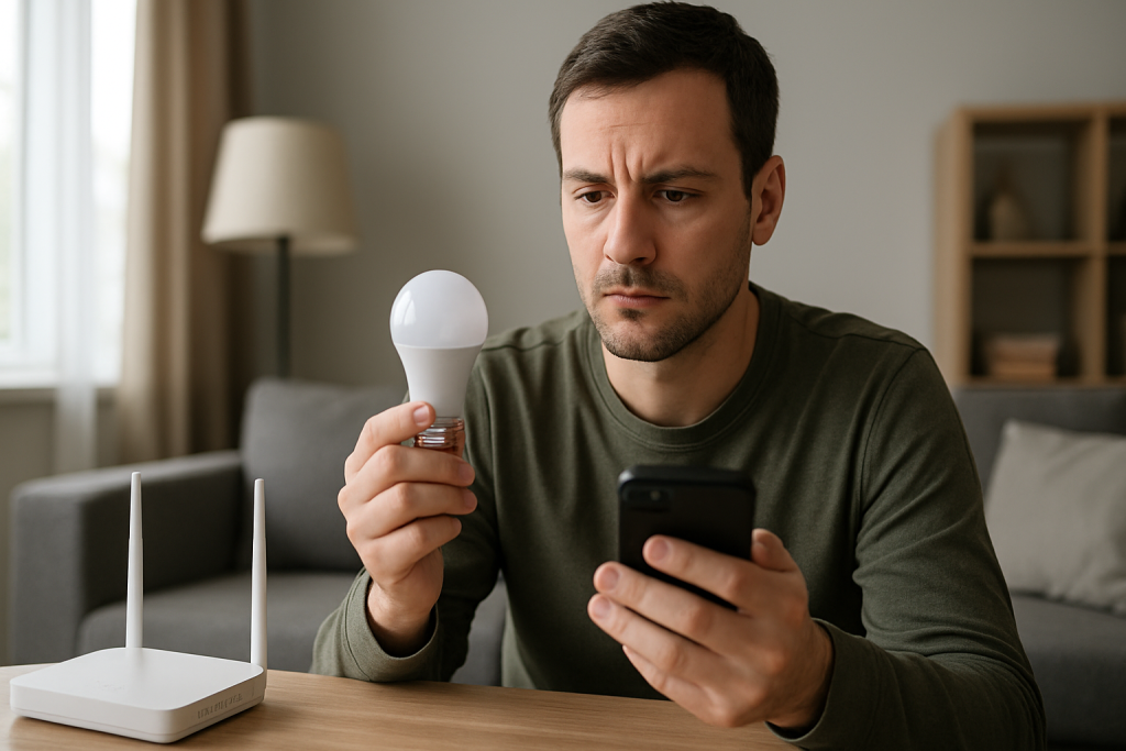 person troubleshooting a smart bulb near a router and smartphone