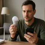 person troubleshooting a smart bulb near a router and smartphone