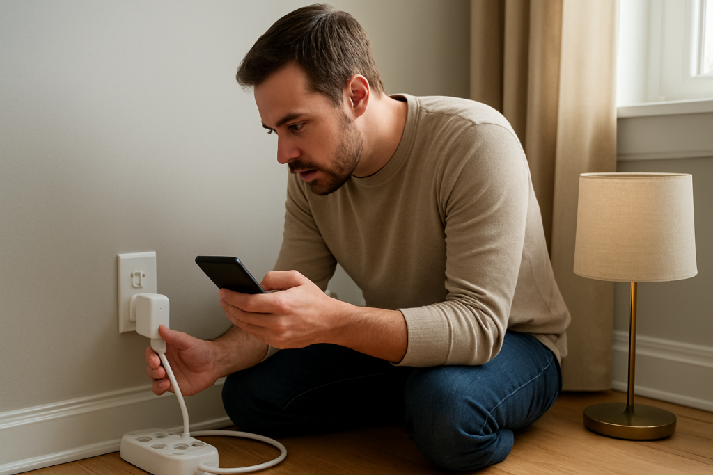 person checking a smart plug and app while examining electricity usage