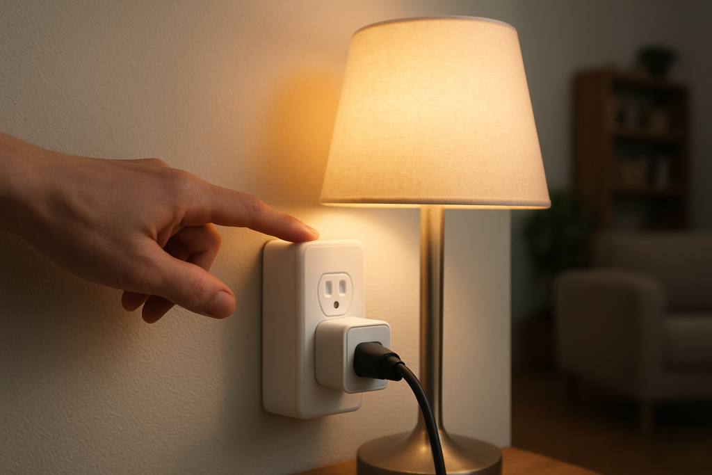 close up of warm smart plug in wall outlet near lamp and hand
