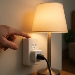 close up of warm smart plug in wall outlet near lamp and hand