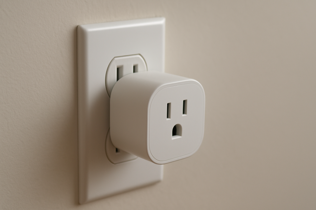 Close up of a smart plug plugged into a wall outlet with gentle lighting