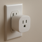 Close up of a smart plug plugged into a wall outlet with gentle lighting