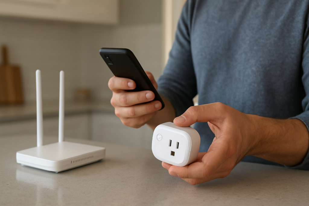 person troubleshooting a smart plug on a kitchen counter with phone