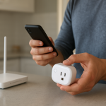 person troubleshooting a smart plug on a kitchen counter with phone