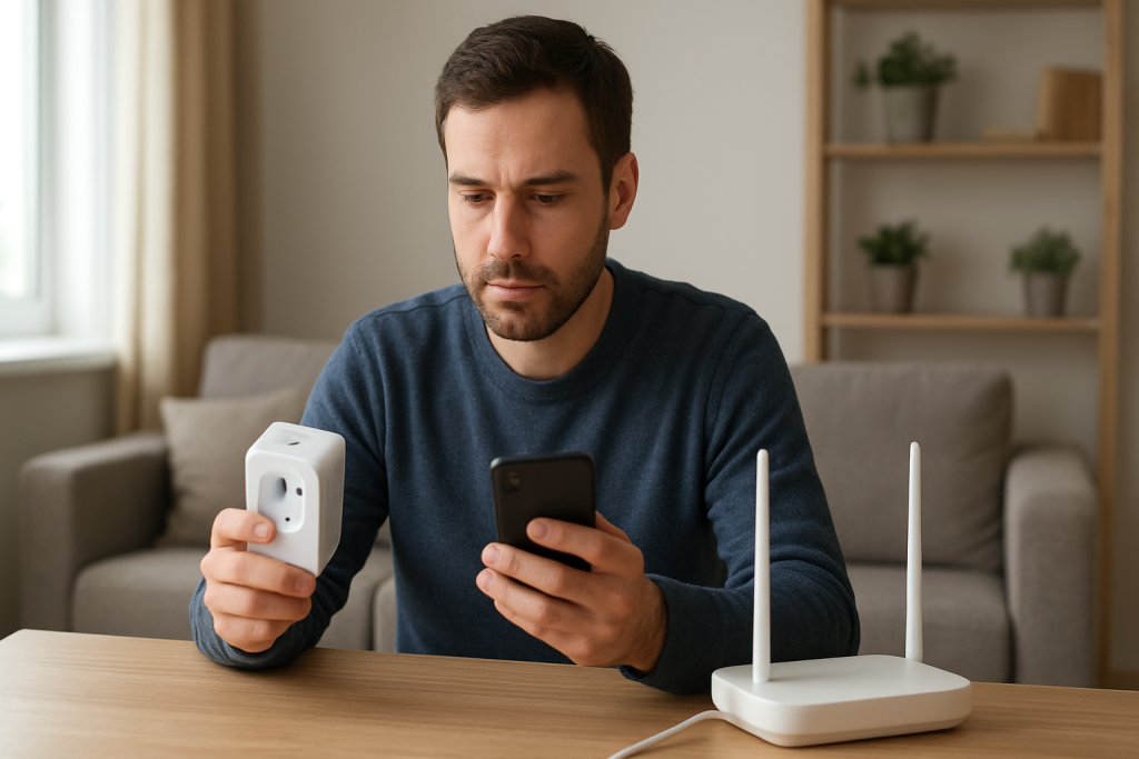person troubleshooting smart plug near router at home with focused expression