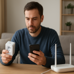 person troubleshooting smart plug near router at home with focused expression