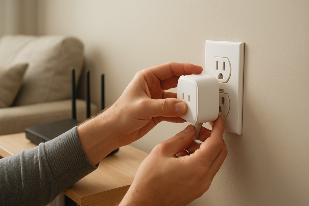 Hands plugging a smart plug into a wall outlet with router nearby