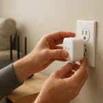 Hands plugging a smart plug into a wall outlet with router nearby