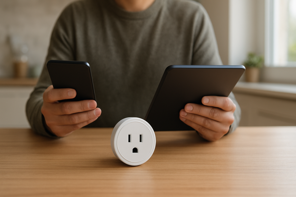 person holding tablet and phone comparing smart plug control screens