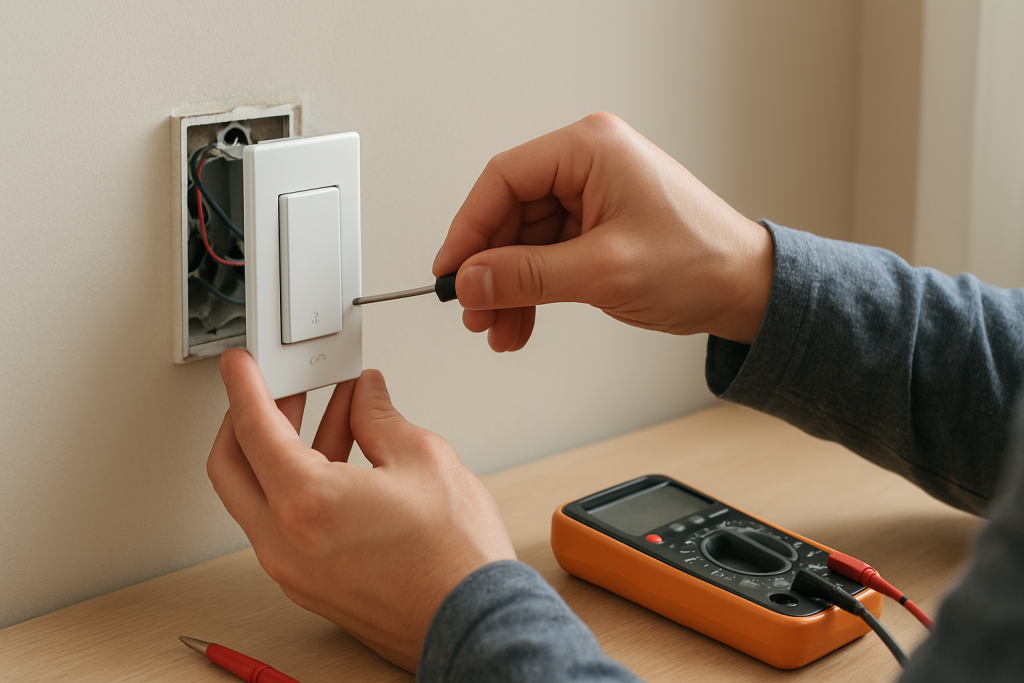 close up of hands inspecting a wall smart switch with tools nearby