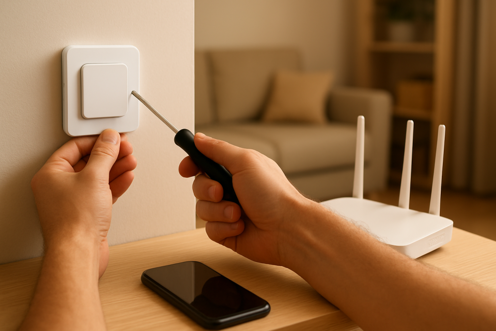 person adjusting router and smart switch during home setup process