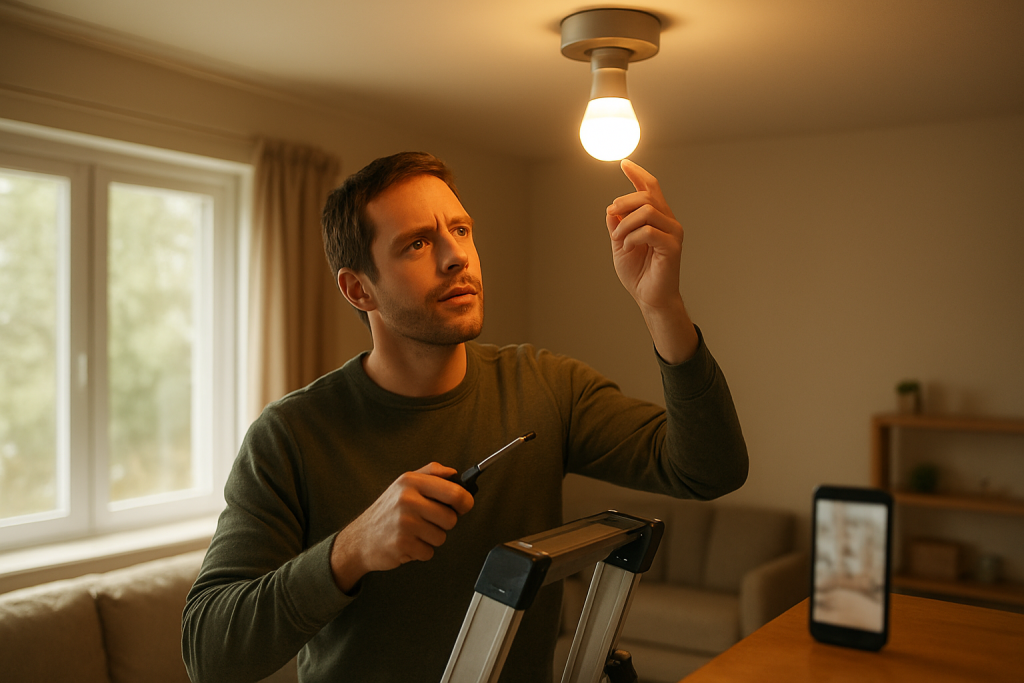 person checking a smart light bulb near a ceiling fixture with tools